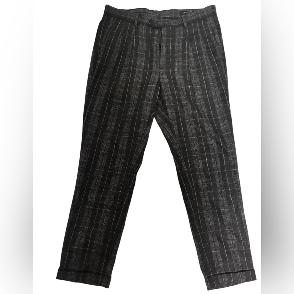 AllSaints Harvey Wool Tapered Trousers – Charcoal Grid Medium Slim Tailored